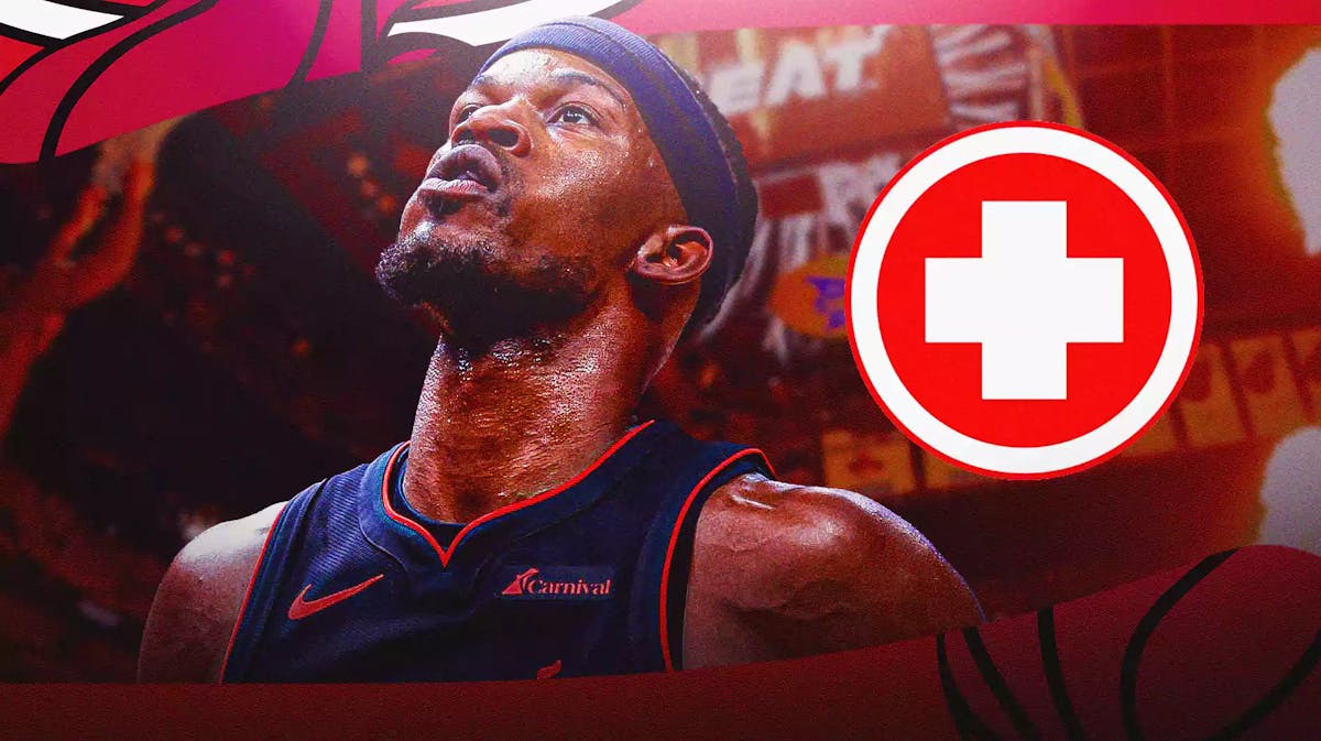 Jimmy Butler with the Heat logo in the background, also include an injury/medical red cross