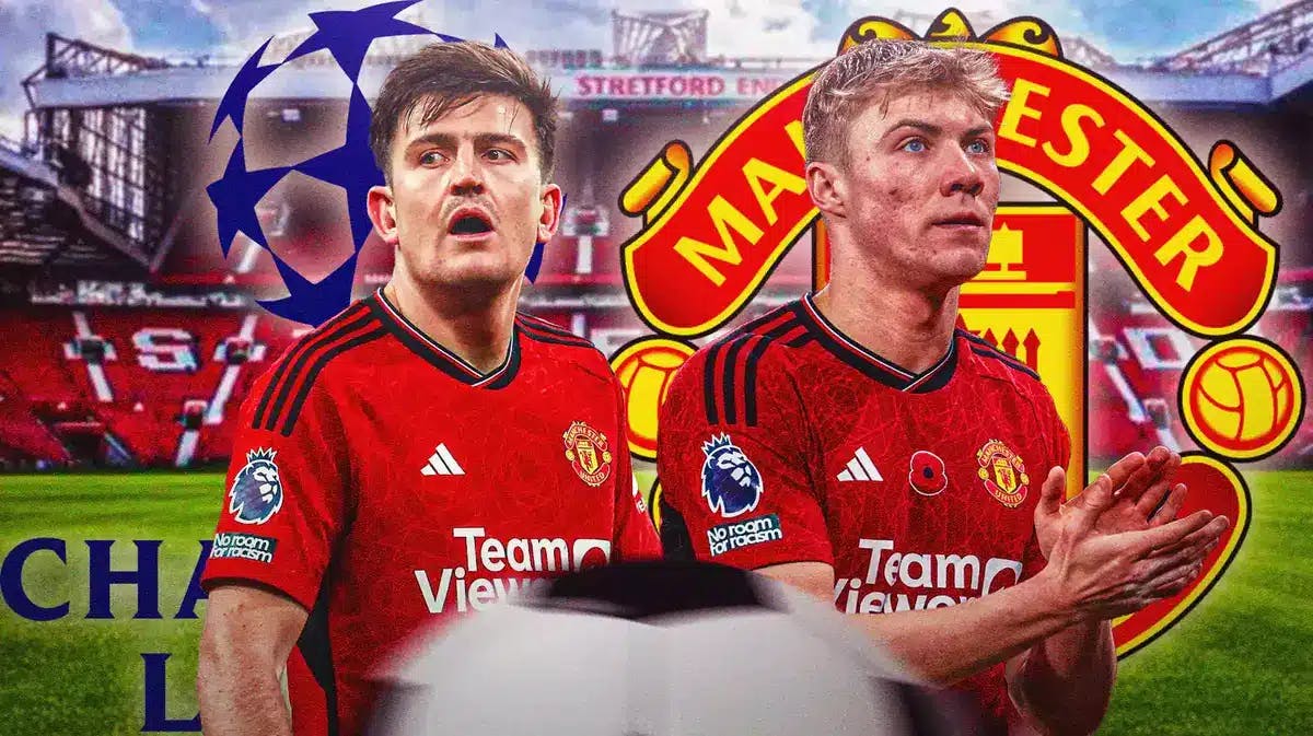 Harry Maguire, Rasmus Hojlund in front of the Manchester United and Champions League logo