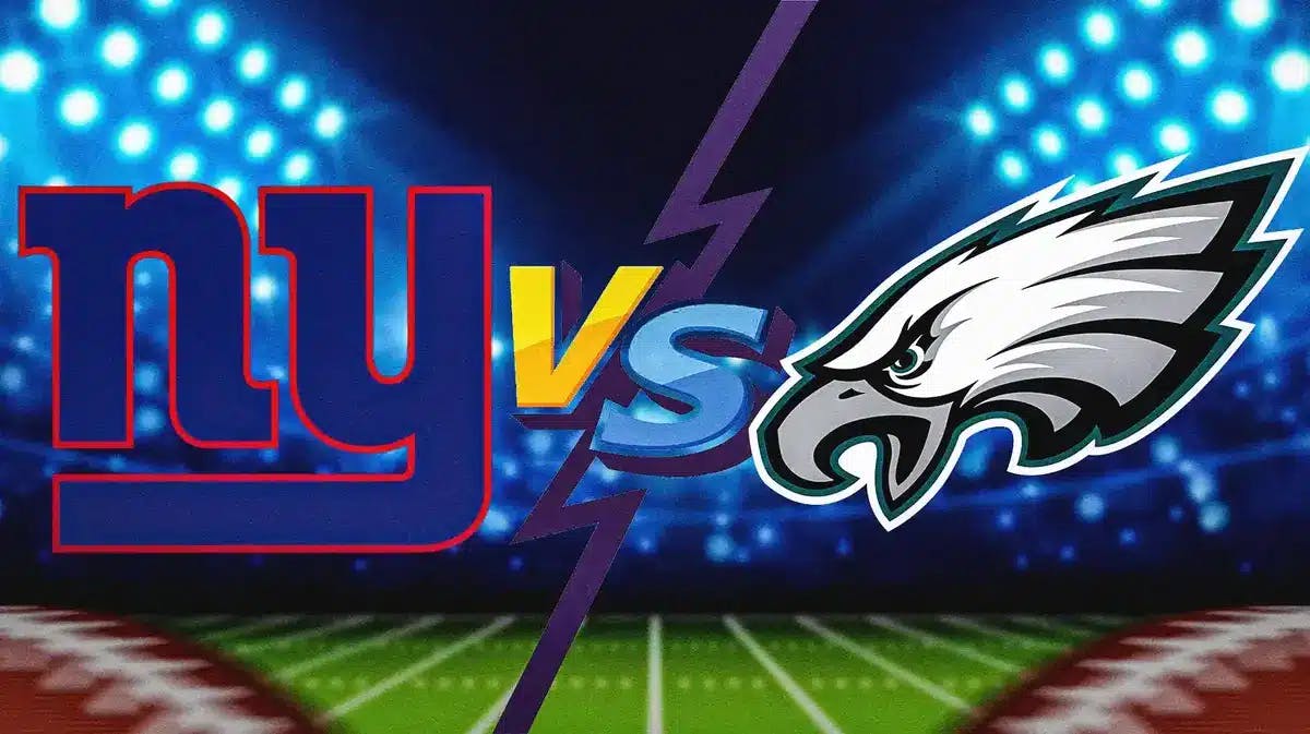 NY Giants and PHI Eagles logos with VS. text, football field in background