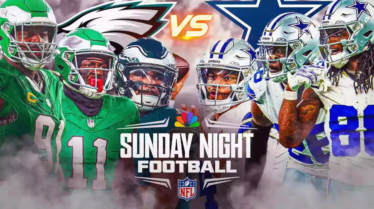 Jalen Hurts, A.J. Brown, Fletcher Cox, Eagles logo vs. Dak Prescott, CeeDee Lamb, DaRon Bland, Cowboys logo. Sunday Night Football logo in front.