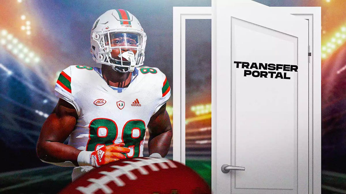 Miami football wide receiver Colbie Young with a door marked transfer portal.