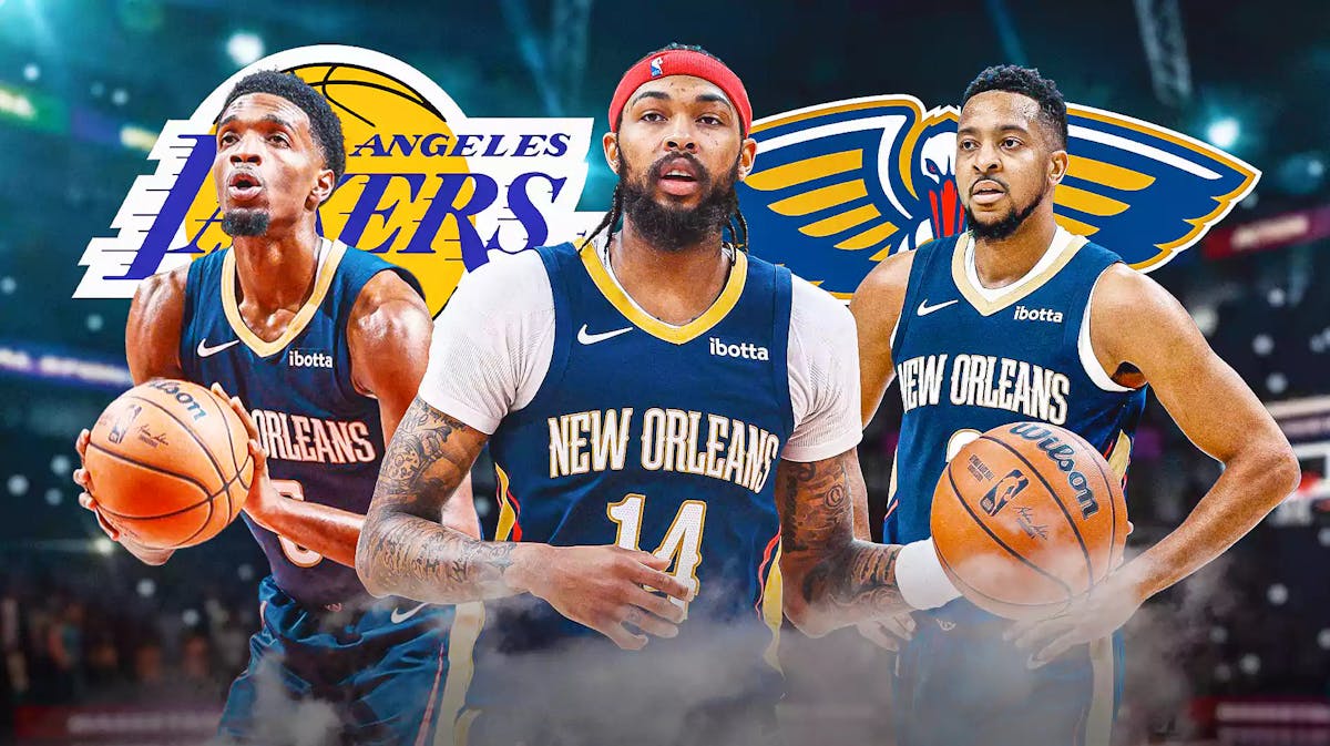 Brandon Ingram, CJ McCollum and Herb Jones with both the Pelicans and Lakers logos in the background, also include the Las Vegas Strip skyline, NBA in-season tournament