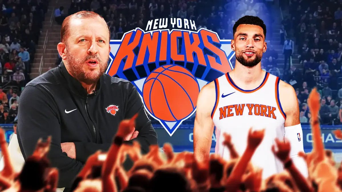 Zach LaVine in Knicks jersey; also include Tom Thibodeau looking confused with question marks around him