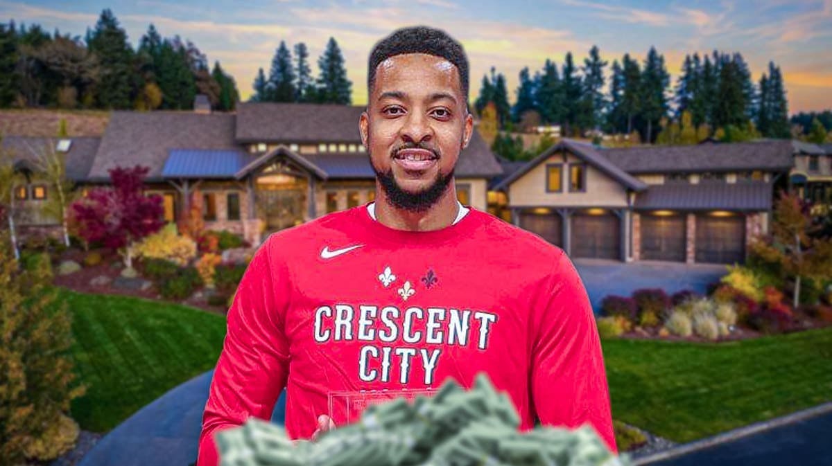 The New Orleans Pelicans' CJ McCollum in front of his former mansion in Oregon.