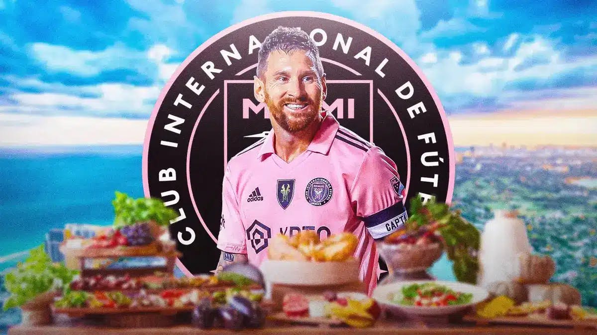 Lionel Messi sitting at a table of food, the Inter Miami logo in the sky