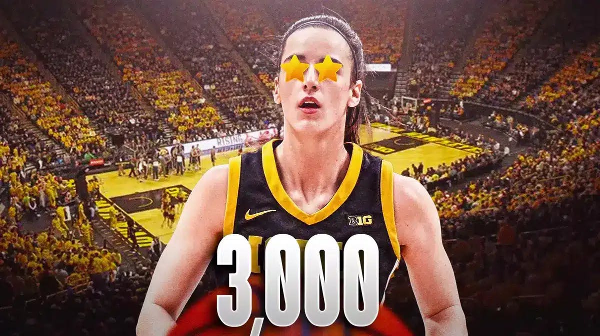 Iowa women’s basketball player Caitlin Clark with stars in her eyes on a basketball court, with the number “3,000” underneath Clark