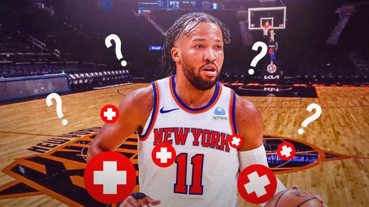 Knicks' Jalen Brunson with question marks and red medical symbol