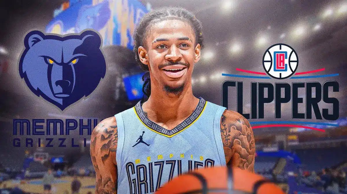 Ja Morant in middle of image looking happy, Grizzlies and Clippers logo, basketball court in background