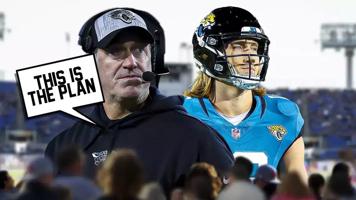 Photo: Doug Pederson saying “This is the plan” looking at Trevor Lawrence in action in Jaguars jersey