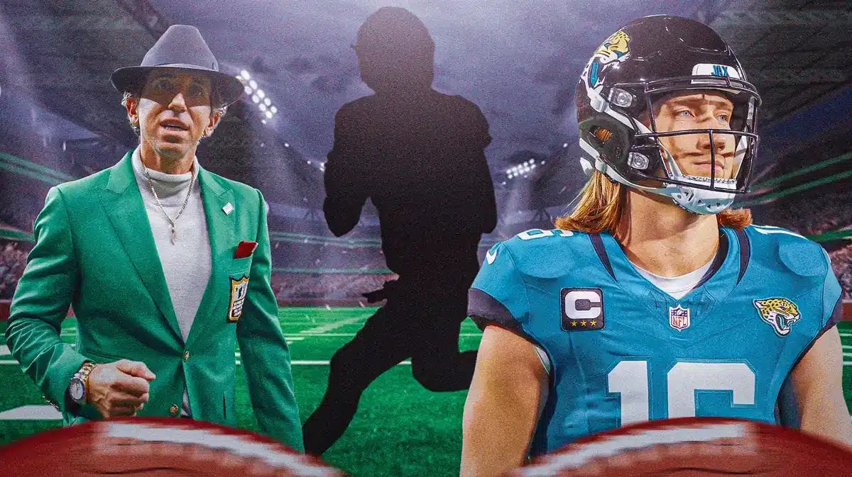 Jaguars' QB Trevor Lawrence looking serious on right. Agent Sean Stellato on left. In middle place the silhouette of quarterback EJ Perry.