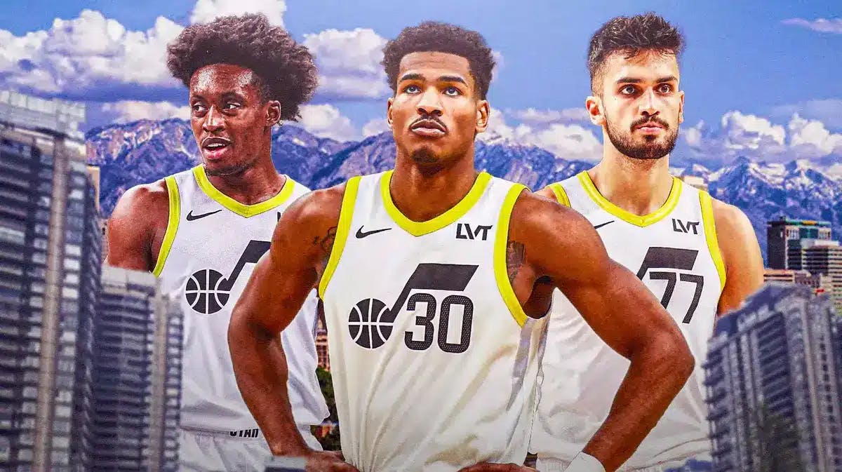 Ochai Agbaji, Collin Sexton, Omer Yurtseven all beside each other with Salt Lake City skyline in the background.