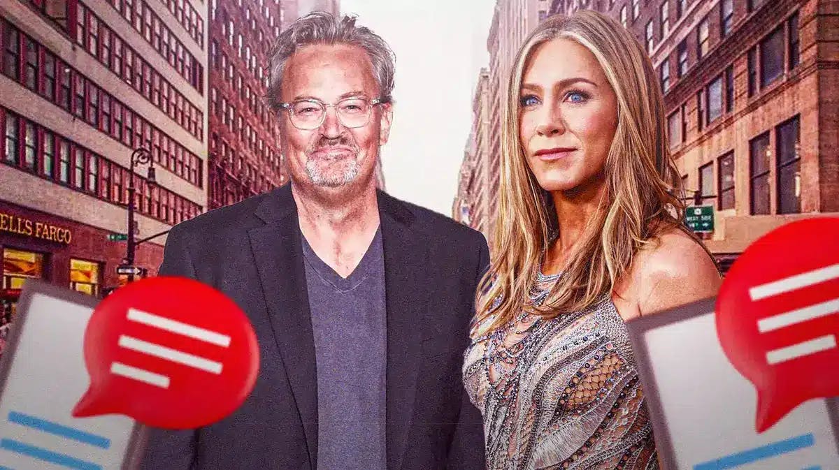 Matthew Perry with Jennifer Aniston and text bubbles.