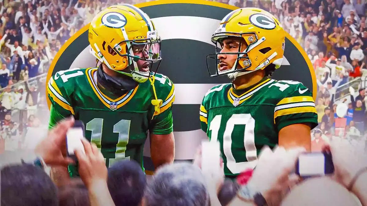 Photo: Jayden Reed and Jordan Love in Packers uniforms with Packers logo in the back