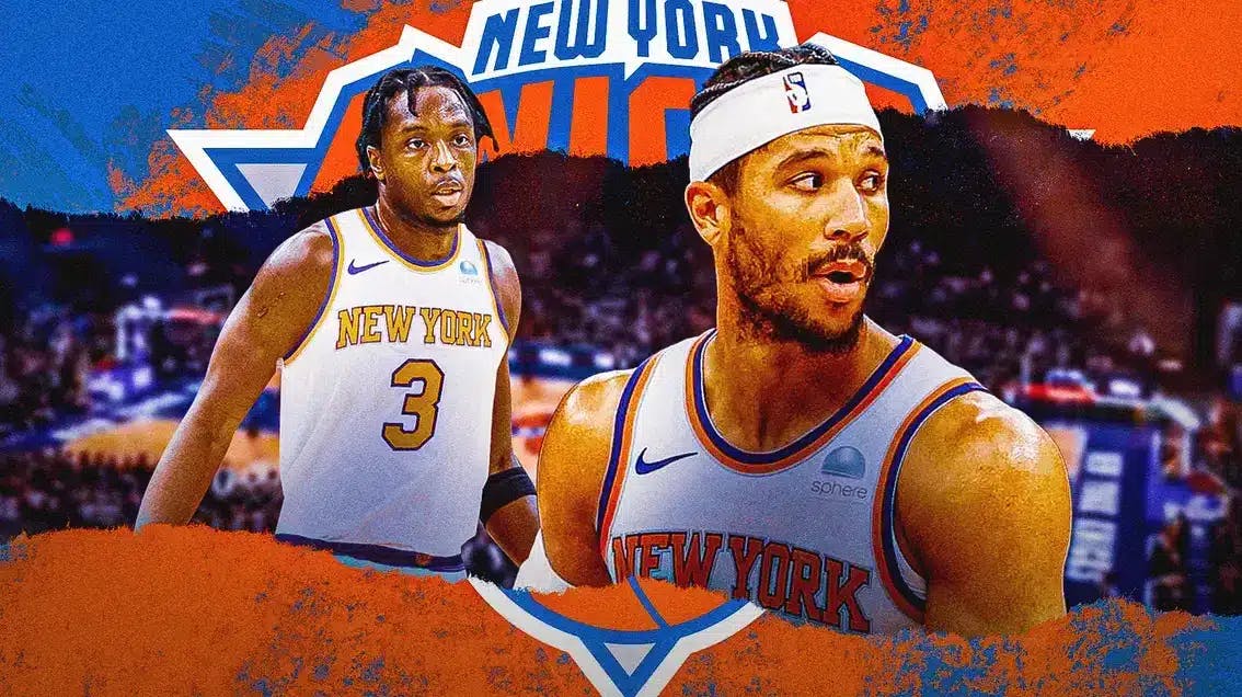 Josh Hart alongside OG Anunoby in a Knicks jersey with the Knicks arena in the background, Raptors trade