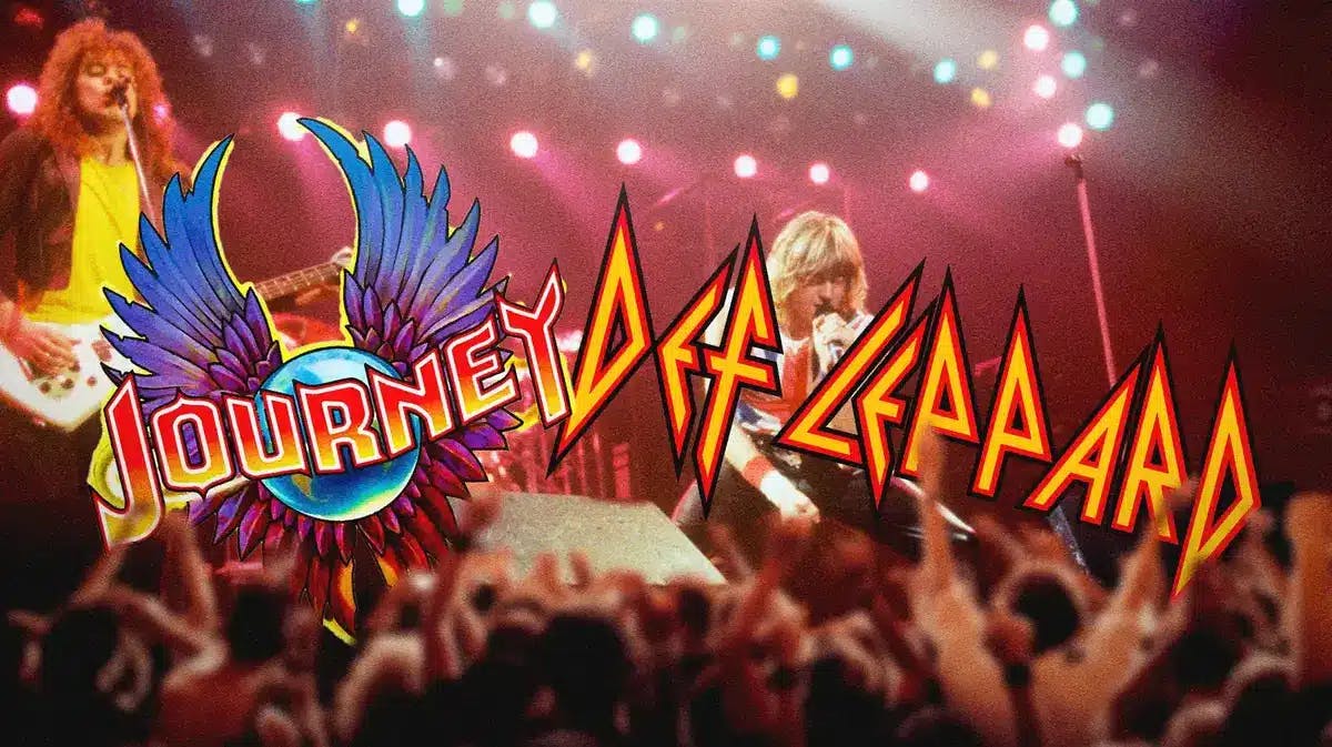 Journey and Def Leppard logos with a crowd.