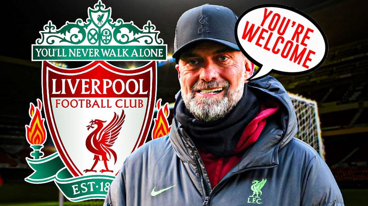Jurgen Klopp saying: ‘You’re welcome' in front of the Liverpool logo