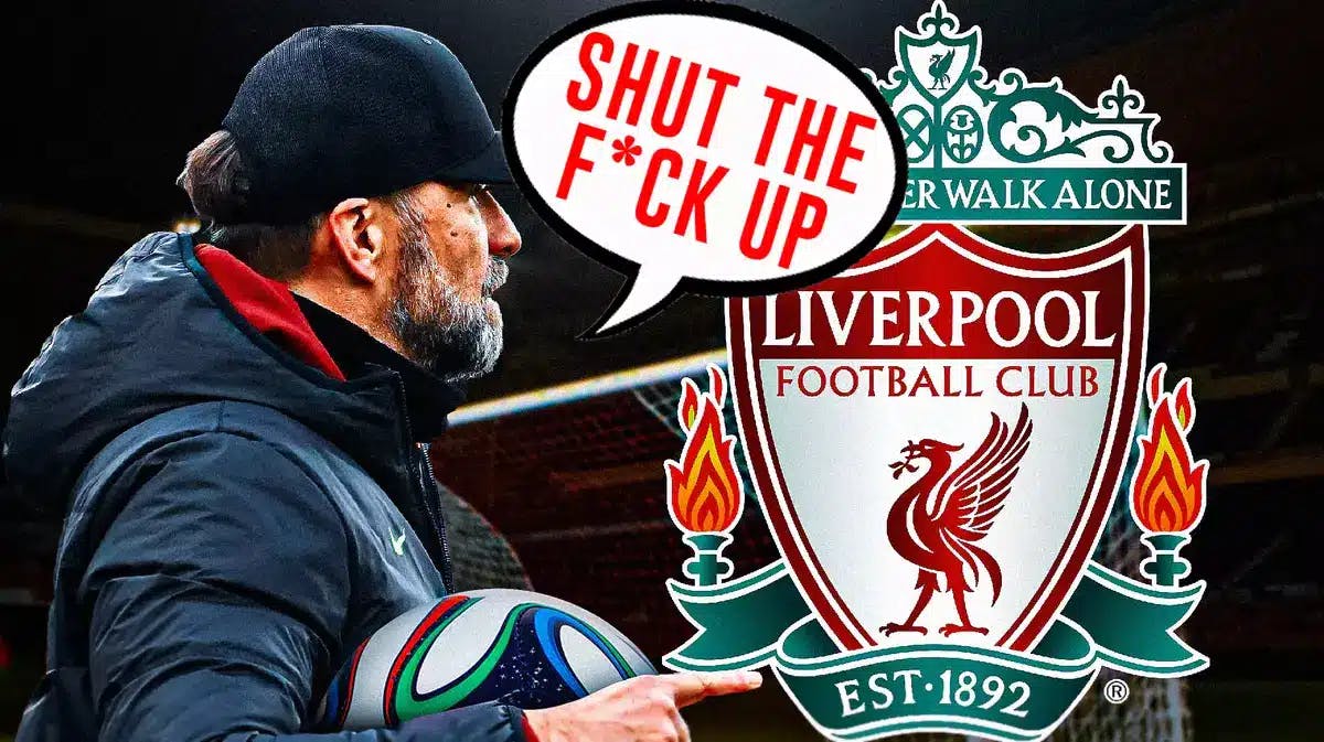 Jurgen Klopp saying: ‘Shut the f*ck up’ in front of the Liverpool logo