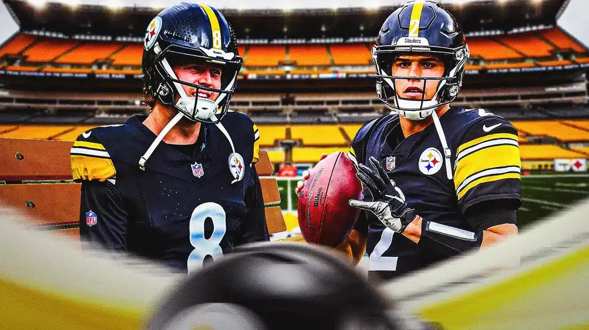 Steelers' Kenny Pickett sitting down on an NFL bench looking serious. Steelers' Mason Rudolph throwing a football.