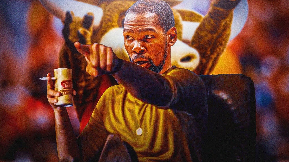 Kevin Durant as the Leo meme, add Texas Longhorns football mascot in the background