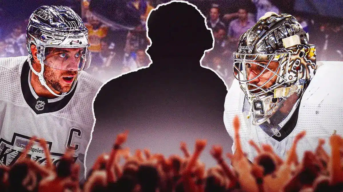 Anze Kopitar and Cam Talbot on either side looking at a silhouetted LA Kings player in middle, LA Kings logo, hockey rink in background