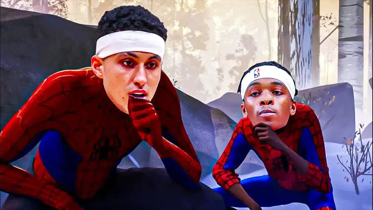 Kyle Kuzma as the older spiderman and Bilal Coulibaly as the younger spiderman in the learning to be spiderman meme