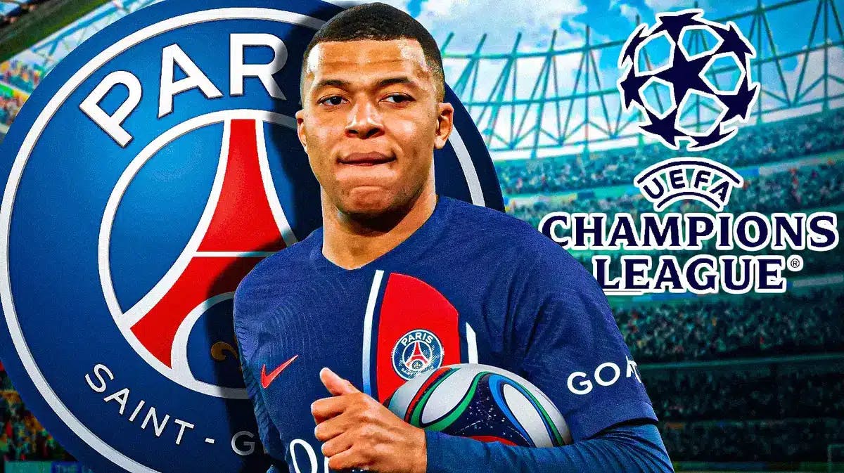Kylian Mbappe in front of the Champions League and PSG logos