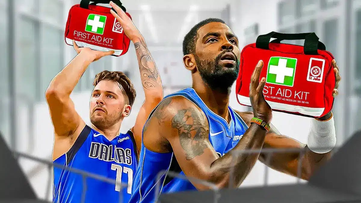 Mavs stars Luka Doncic and Kyrie Irving each holding first-aid kit