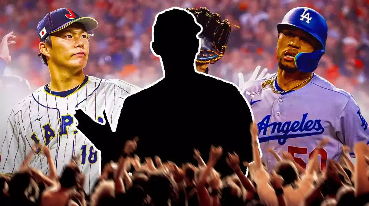 Yoshinobu Yamamoto on left side. Dodgers' Mookie Betts on right side. Silhouette of Dodgers' Daniel Hudson in middle. Dodger Stadium background.