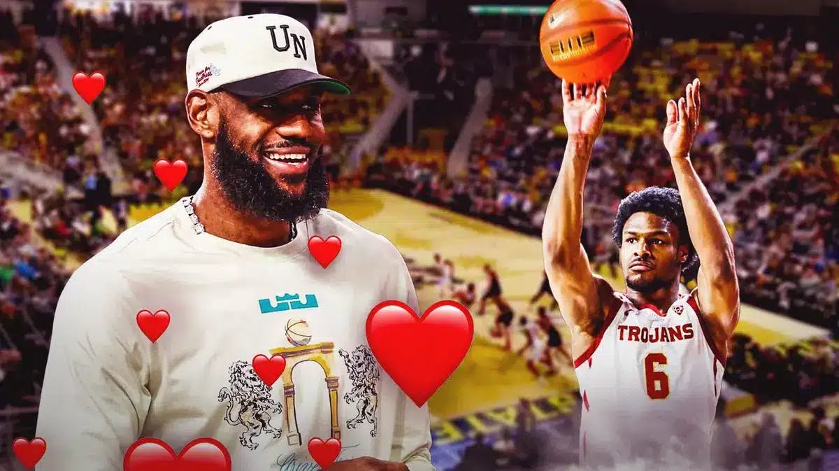 Lakers' LeBron James smiling (in casual clothes) with plenty of hearts all over him, with USC’s Bronny James in an action shot against Long Beach State on December 10, 2023
