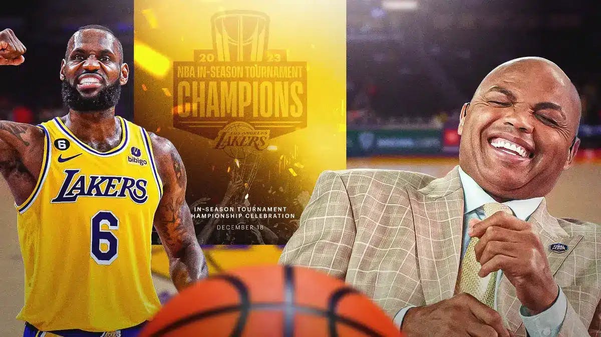 : Charles Barkley laughing at LeBron James, Lakers celebrating their 2023 NBA In-Season Tournament championship,