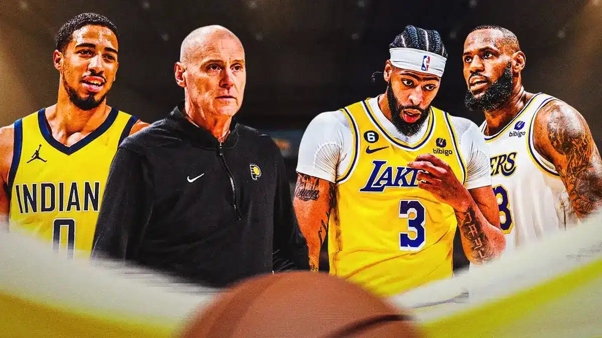 Pacers' Tyrese Haliburton and Rick Carlisle next to Lakers' LeBron James and Anthony Davis