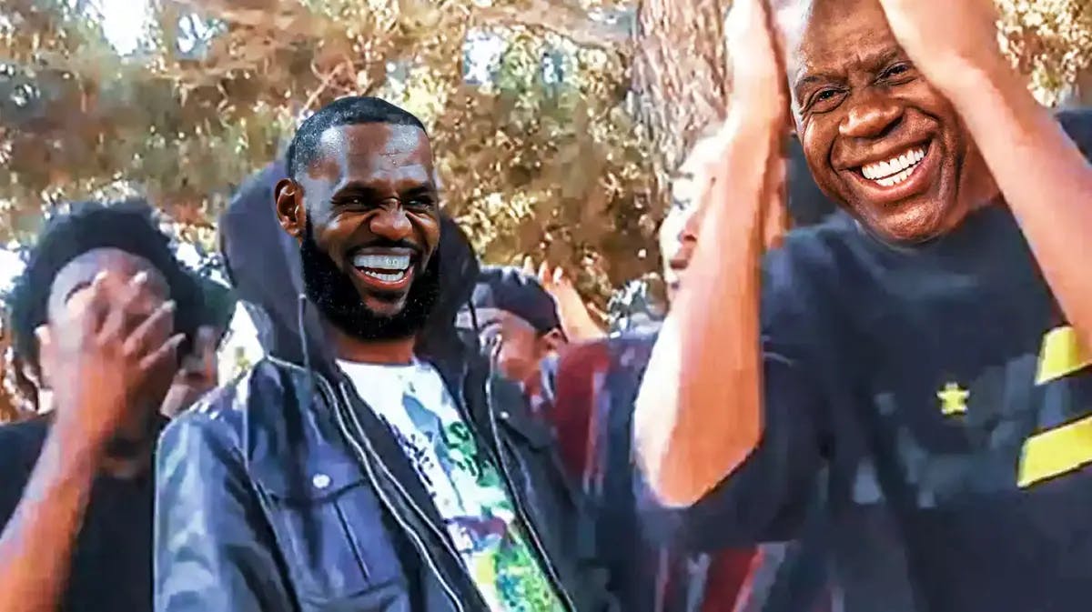 LeBron James (Lakers) in hoodie and Magic Johnson as guy on right with hands on head