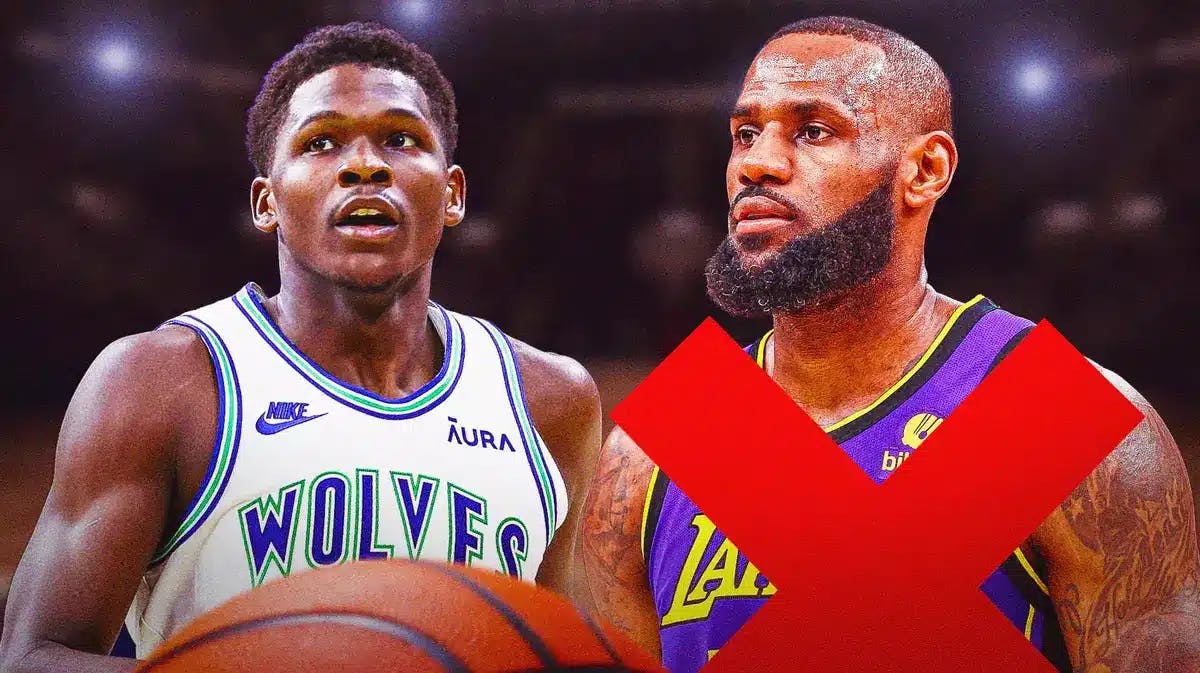 Lakers' LeBron James with red X through him next to Timberwolves' Anthony Edwards