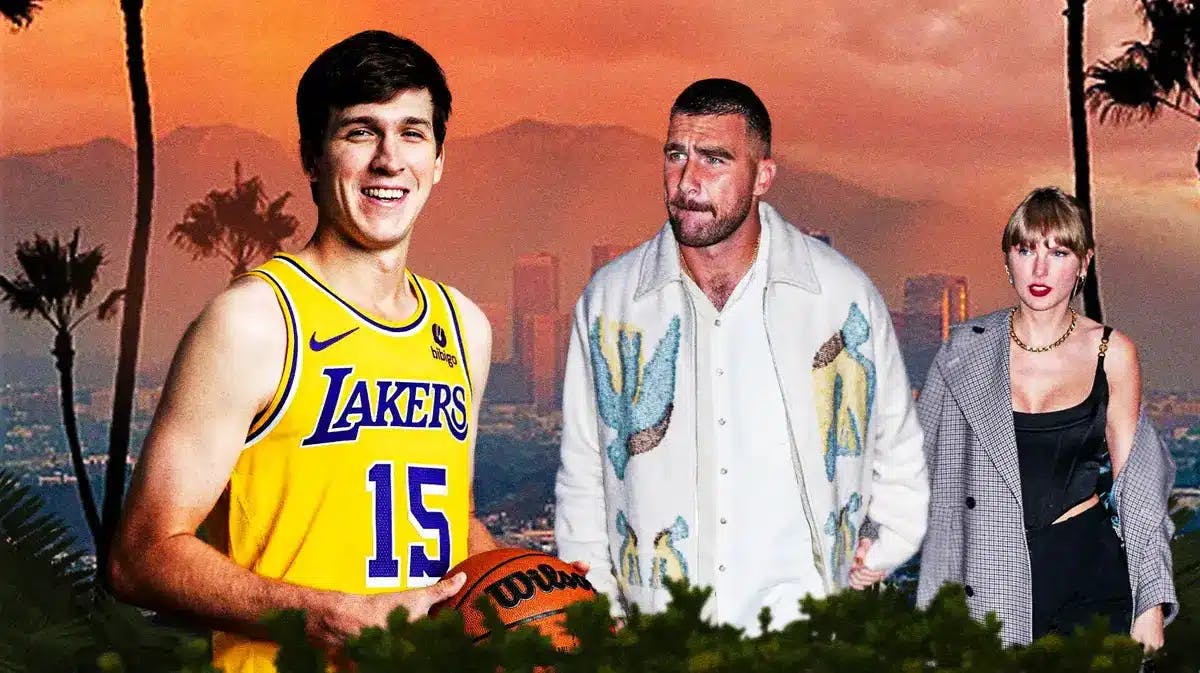 Lakers' Austin Reaves laughing. Then have Travis Kelce and Taylor Swift on the other side of image wearing normal clothes.