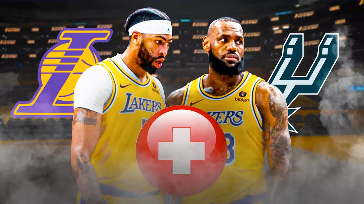LeBron James and Anthony Davis with both the Lakers and Spurs logos in the background, also include an injury red cross