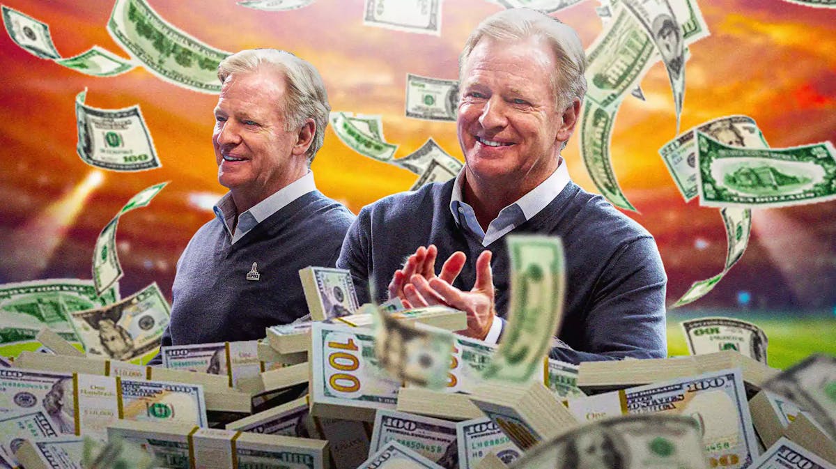 NFL commissioner Roger Goodell with money swirling around him.