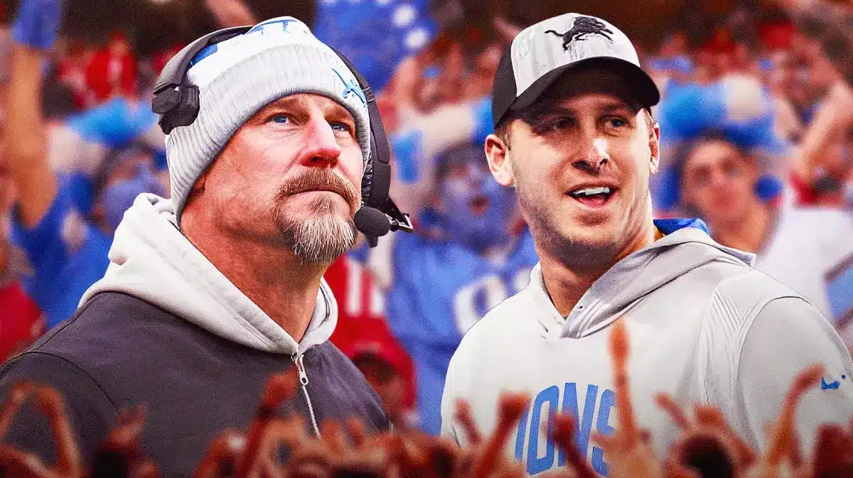 Photo: Dan Campbell and Jared Goff in Lions gear with Lions fans in the background, both guys smiling