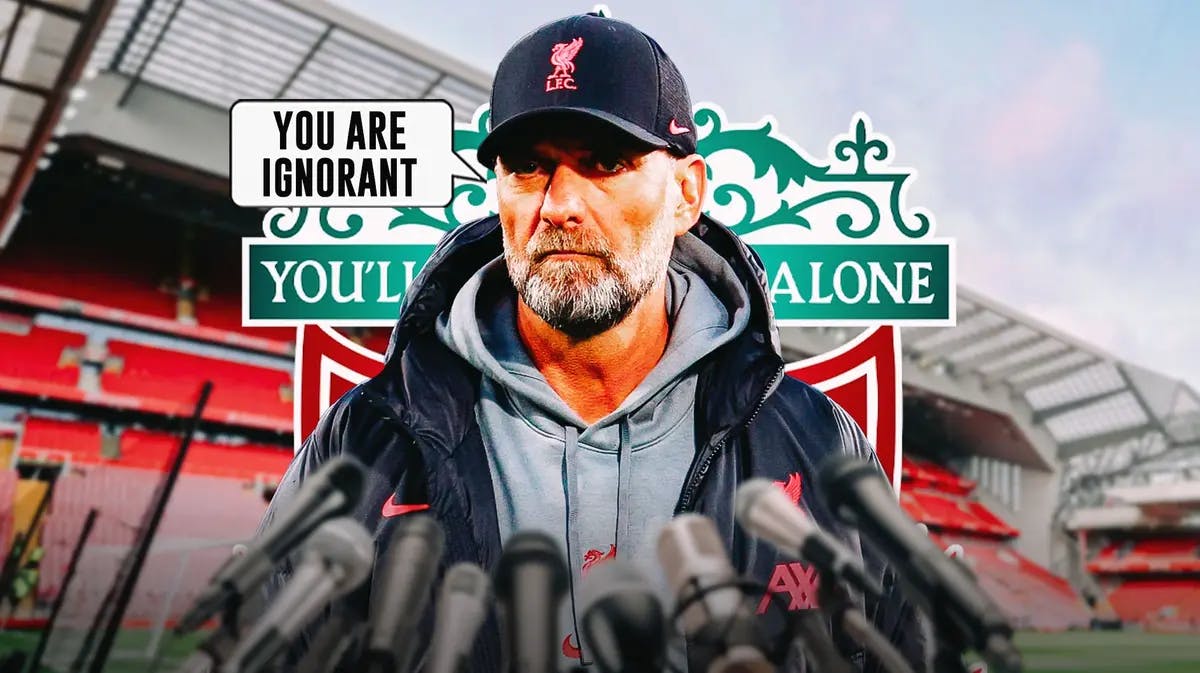 Jurgen Klopp talking to the press, saying: ‘you are ignorant’ in front of the Liverpool logo