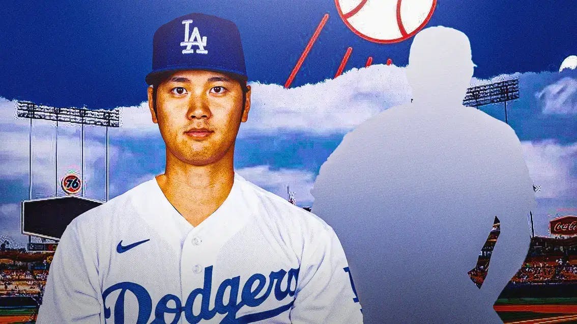Shohei Ohtani in Dodgers uniform and with eyes emoji while looking at the silhouette of Trey Sweeney.