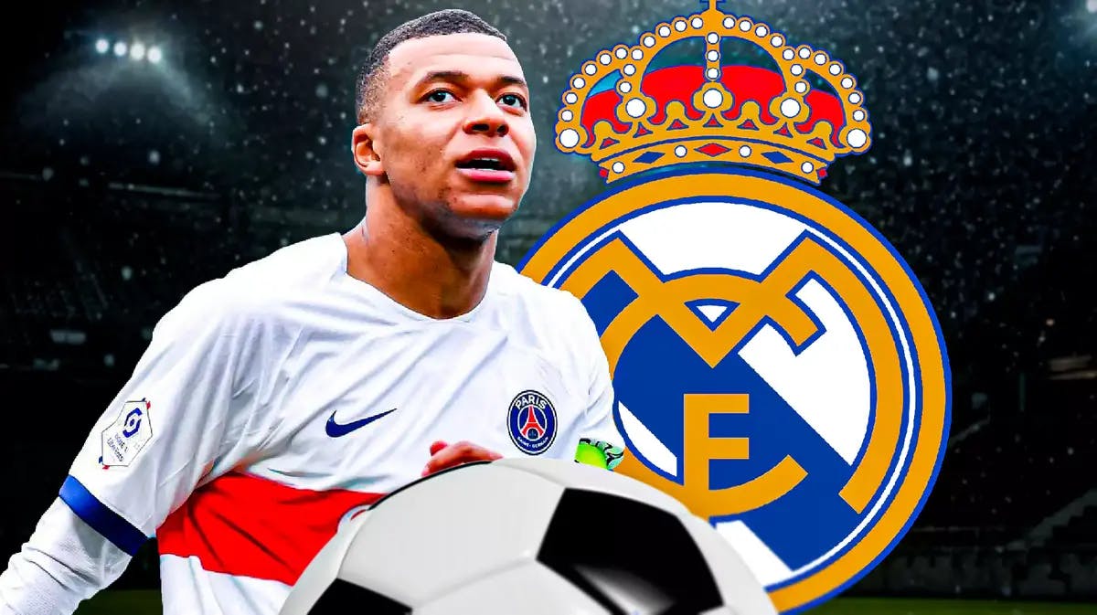 Kylian Mbappe in front of the Real Madrid logo PSG
