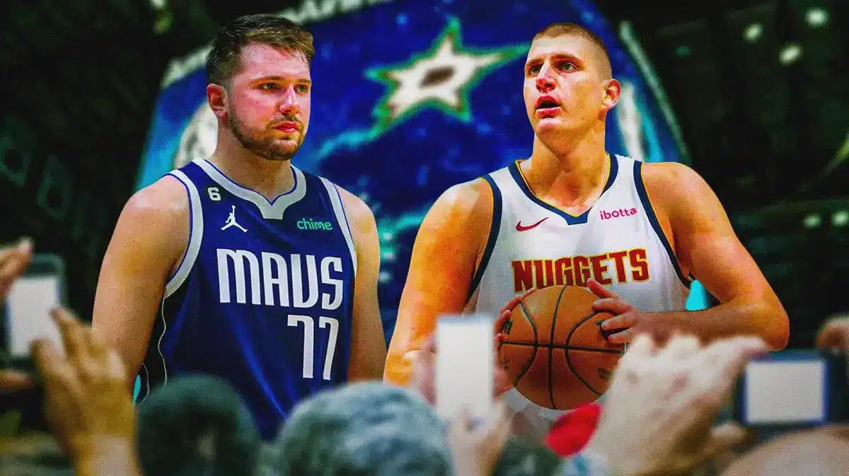 Mavs' Luka Doncic looking serious in front. In background, need Nuggets' Nikola Jokic shooting a basketball.
