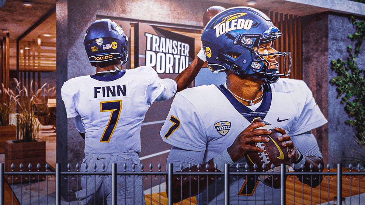 Toledo quarterback Dequan Finn in the foreground. Transfer portal door in background.