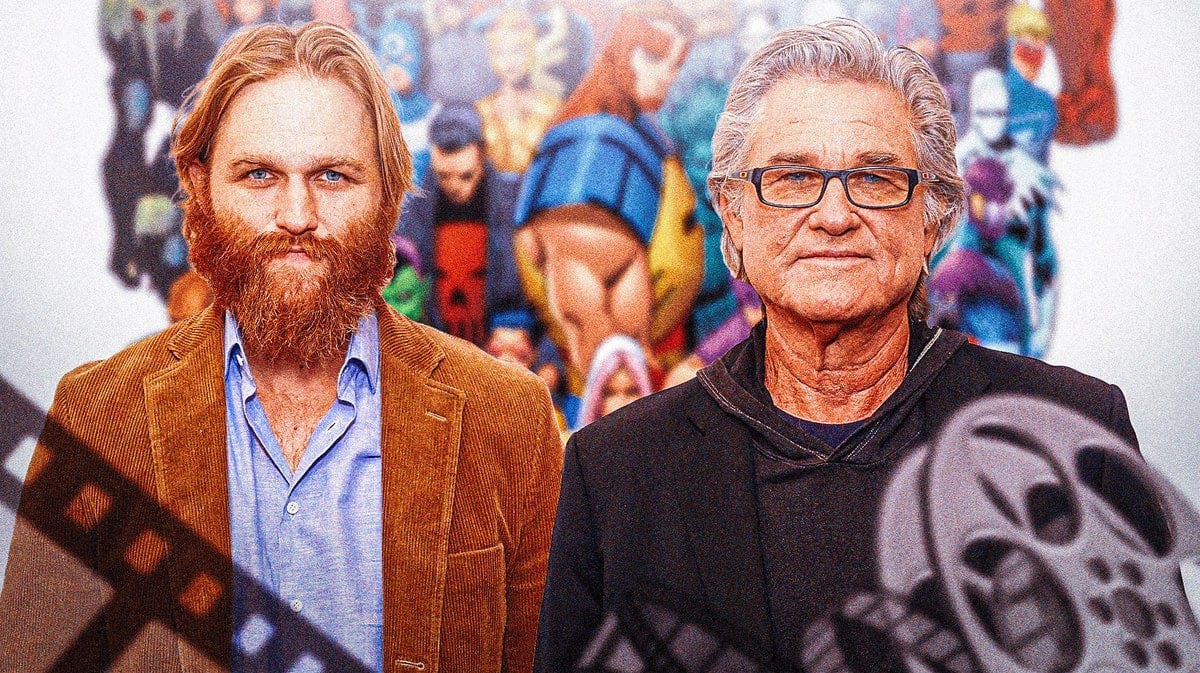 Wyatt Russell and Kurt Russell in front of imagery from the Thunderbolts comics