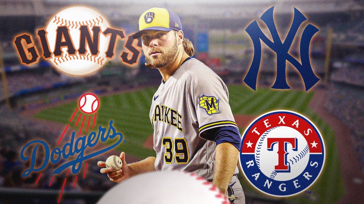 Brewers' Corbin Burnes pitching a baseball. Place the Dodgers logo, SF Giants logo, Yankees logo, and Rangers logo in background.