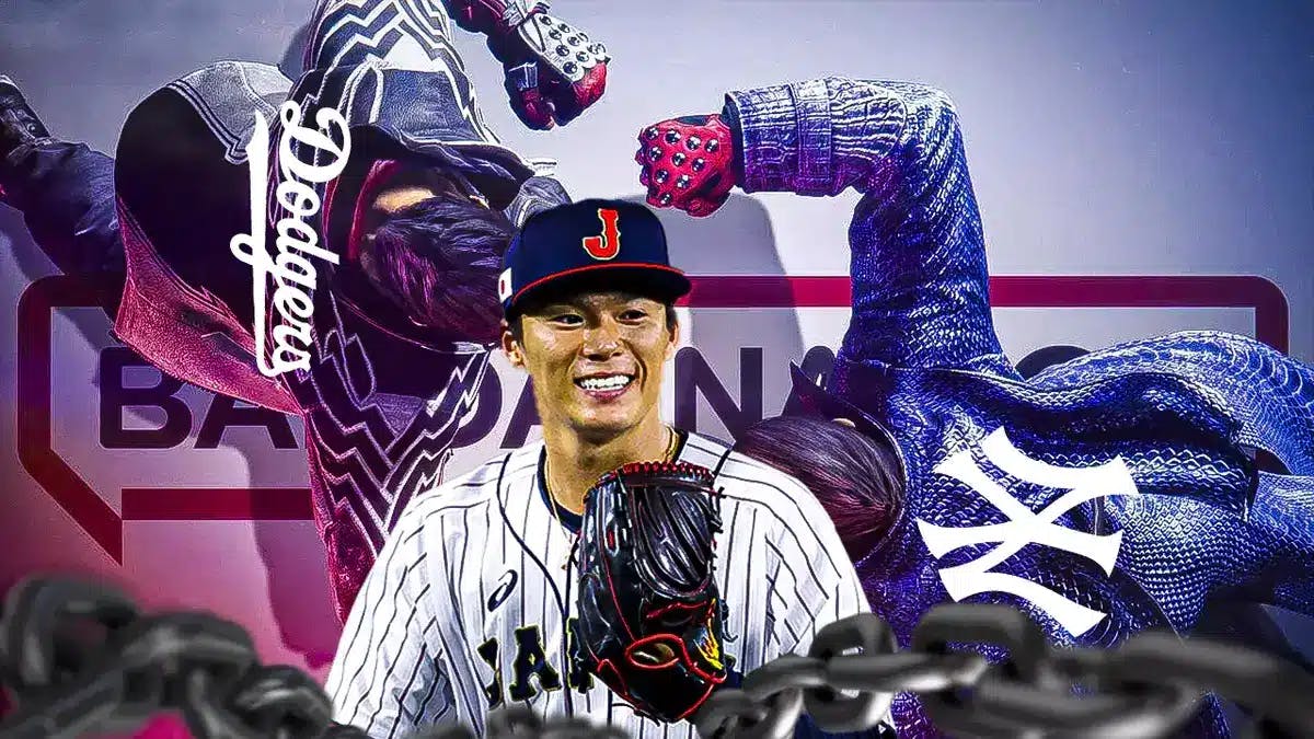 Dodgers logo on Jin, Yankees logo on Kazuya with Yoshinobu Yamamoto looking on, smiling