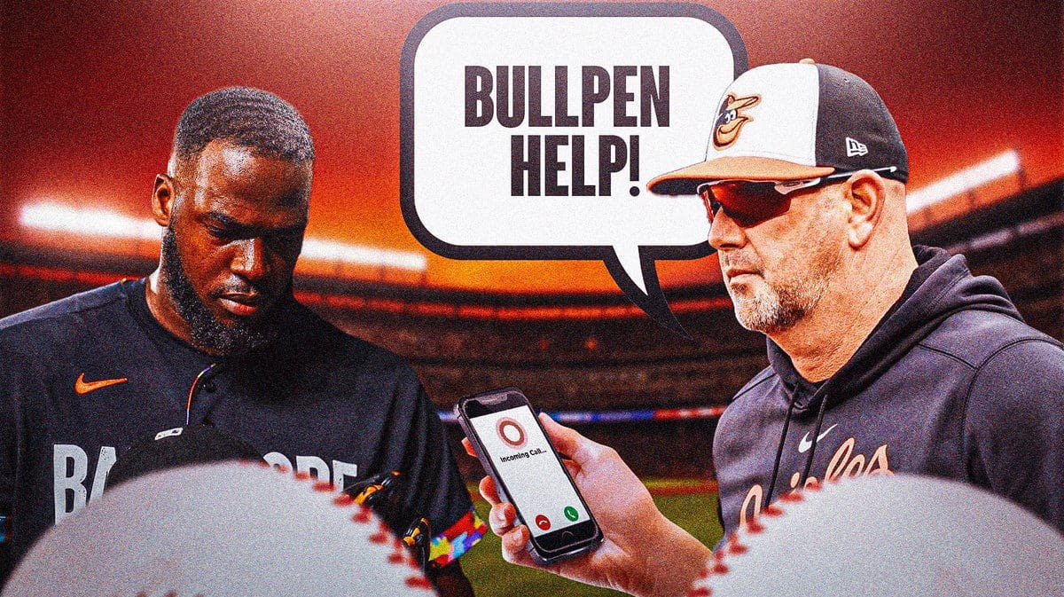 Orioles' Brandon Hyde talking on a phone. Have him say the following: Bullpen help! Orioles' Felix Bautista
