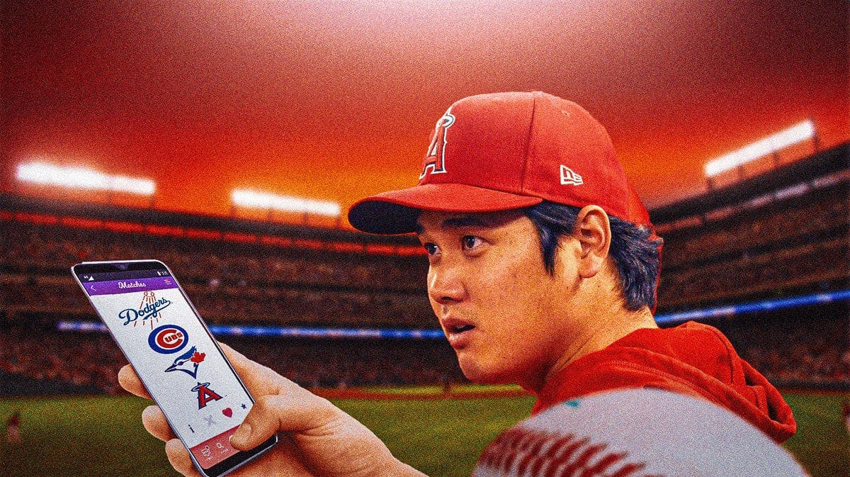 Shohei Ohtani holding a phone while using a dating app, but instead of profiles of women, use profiles of Dodgers, Cubs, Blue Jays, and Angels