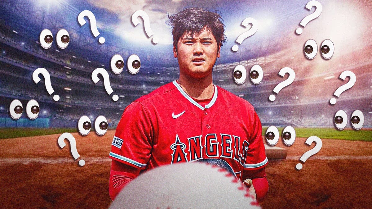 Shohei Ohtani with question marks surrounding him and eye ball emojis