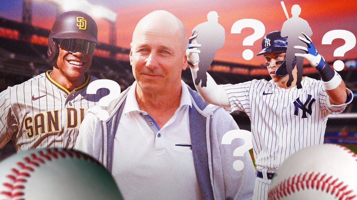 Brian Cashman and Yankees' Aaron Judge holding the silhoutettes of Jasson Dominguez and Anthony Volpe like figurines (both in Yankees unis), with Padres' Juan Soto smiling on the side, question marks around Cashman and Judge)