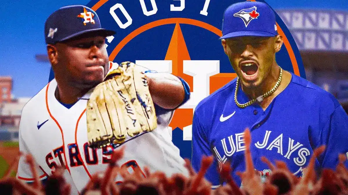 Houston Astros player Hector Neris, and Blue Jays player Jordan Hicks, with the Houston Astros logo at Minute Maid Park